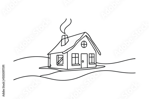 Simple line art illustration of a cozy cottage with smoke rising from the chimney