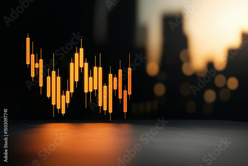 Finance chart glowing in abstract virtual cityscape, data driven candlestick graph, modern financial technology, evening light