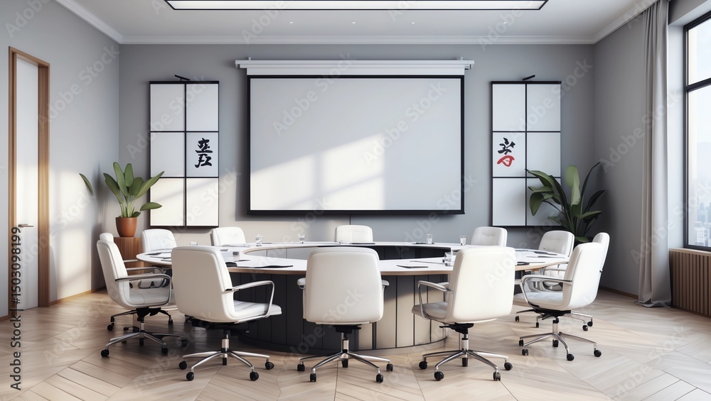 Fototapeta premium Large conference room, wooden table, chairs and projections 