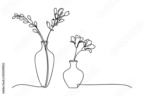Elegant black and white continuous line drawing of vases and floral arrangement
