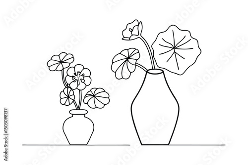 Minimalist line art illustration of two vases holding delicate flowers and lush greenery