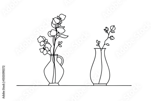 Minimalist black line art of two vases with floral branches on a white background
