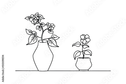Simple line drawing of two blooming potted flowers in elegant ceramic vases