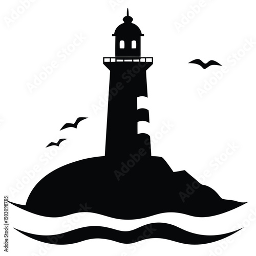 black-and-white-silhouette-of-a-lighthouse-on-an-i.eps