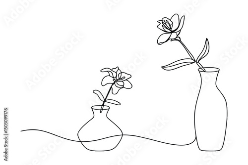 Elegant line art illustration of two flowers in vases on white background