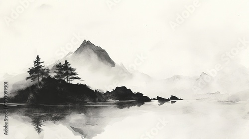 A Japanese ink wash with minimalist watercolor aesthetics.