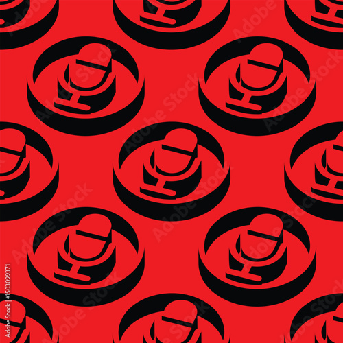 Isometric seamless vector pattern of microphone symbols in circles, with bold shadows and vibrant red background. Modern negative space design, perfect for audio, podcast, and media themes.