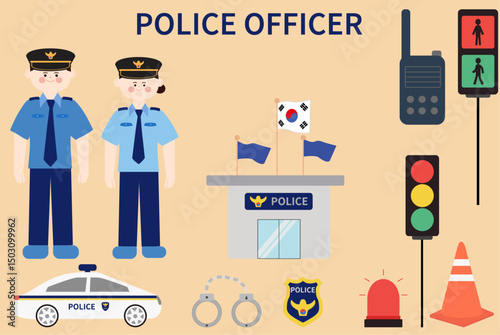 Police Officer Character Set with Tools and Vehicles Illustration