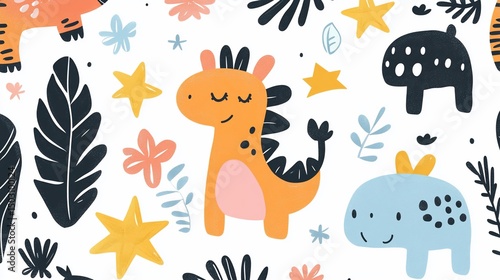 Adorable Cartoon Dinosaur and Animal Friends Seamless Pattern