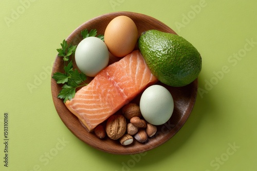 Salmon, Eggs, Avocado, and Nuts: A Healthy, Minimalist Food Still Life photo