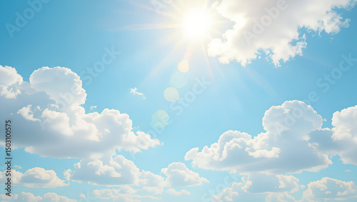 Dreamy  sky background with fluffy clouds and golden sunlight, capturing a perfect summer day with copy space  