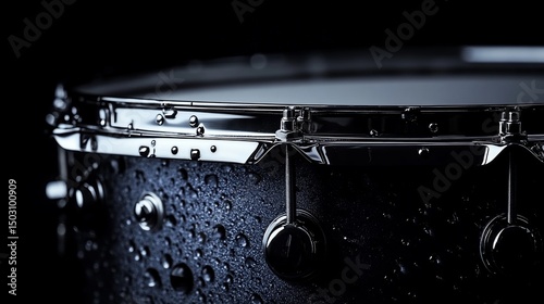 Dark Metallic Drum Closeup: Water Droplets on Drum Shell
