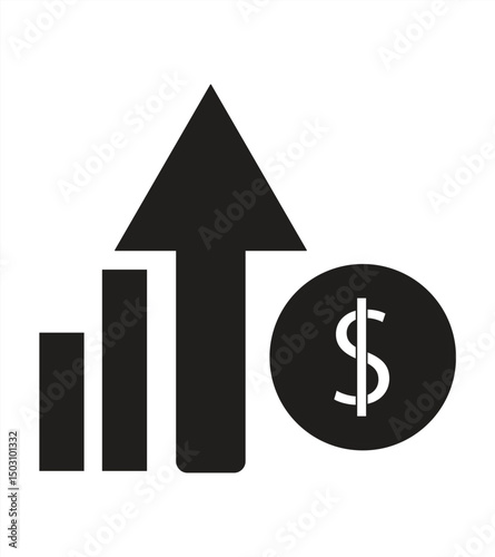 dollar rise icon, up arrow symbol, isolated on white background, vector illustration.