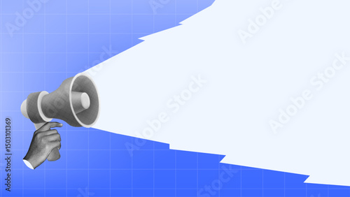halftone collage, Hand holding megaphone with white space blue background. voting, news, marketing, announcement, promotion, or digital advertising