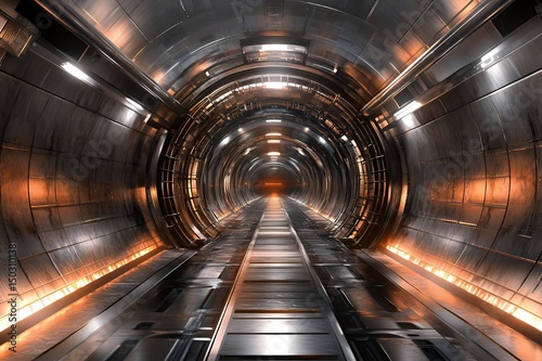Futuristic Metal Tunnel Corridor With Orange Lights