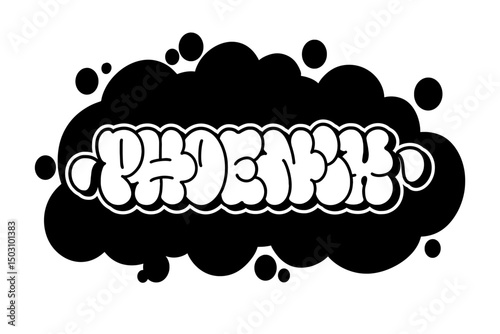 Graffiti throw-up text "PHOENIX" in bold vector style with black and white design on transparent background. Urban street art vibe, perfect for hip-hop, edgy posters, and graffiti projects.