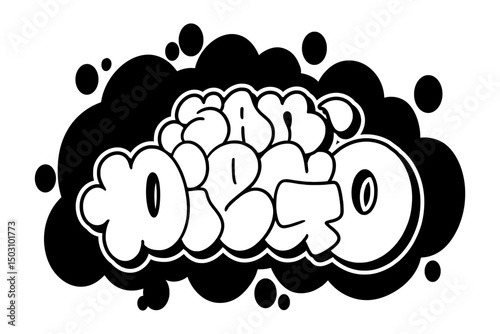 Graffiti throw-up text "SAN DIEGO" in bold vector style with black and white design on transparent background. Urban street art vibe, perfect for hip-hop, edgy posters, and graffiti projects.