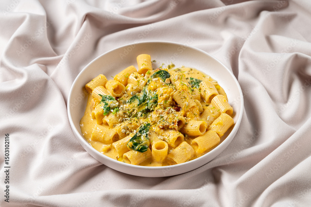 A delightful pasta dish combines rigatoni with a luscious creamy sauce and vibrant spinach, topped with crunchy nuts, showcasing a blend of flavors perfect for a gourmet experience A delightful pasta dish combines rigatoni with a luscious creamy sauce and vibrant spinach, topped with crunchy nuts, showcasing a blend of flavors perfect for a gourmet experience
