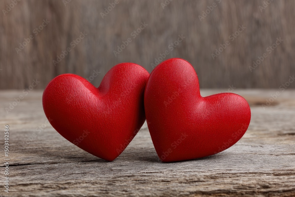 Fototapeta premium Two Red Hearts: Rustic Wooden Background, Romantic Mood