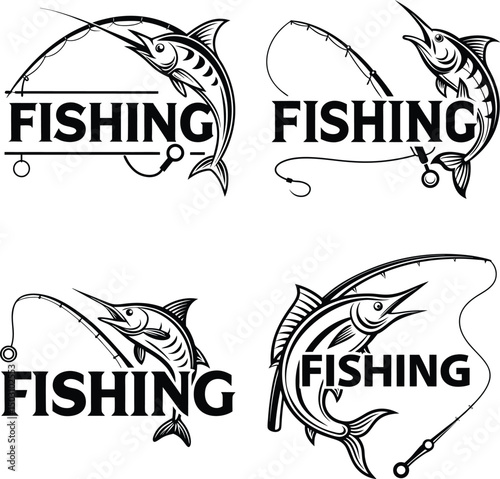 Four Black and White Marlin Fishing Logo Designs