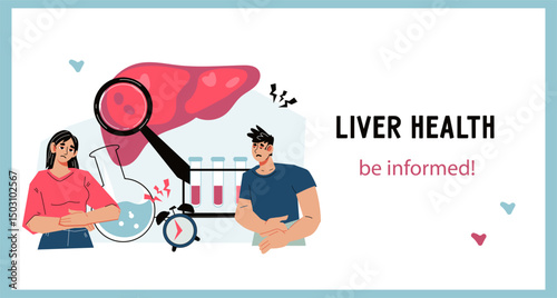 Liver health, hepatitis and diagnostic checkups in the prevention and management of liver diseases. Banner template for World Hepatitis Day and Liver health day, flat vector illustration.