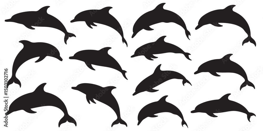 Obraz premium set vector various Dolphin Silhouettes Leaping and Swimming, Outline Dolphins Jumping and Swimming Collection