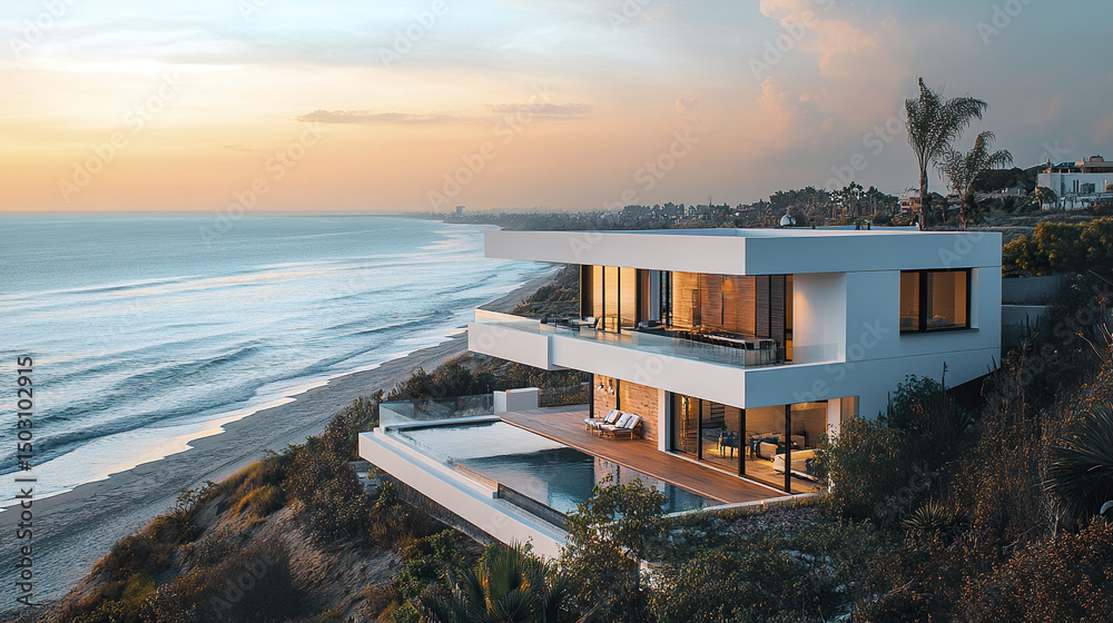Fototapeta premium Modern white house on hill overlooking ocean at sunset, showcasing luxury and tranquility