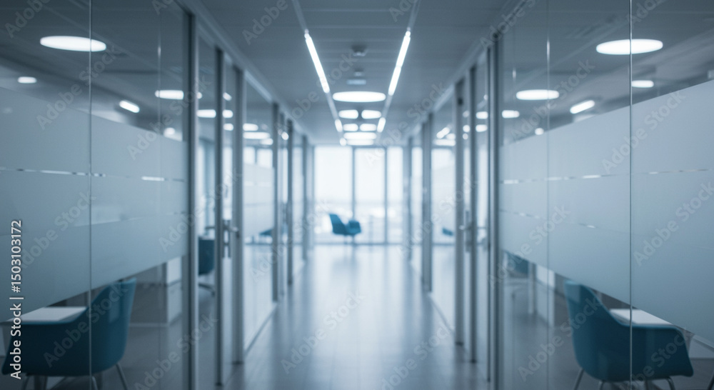 Obraz premium Modern office corridor with glass partitions and blurred background