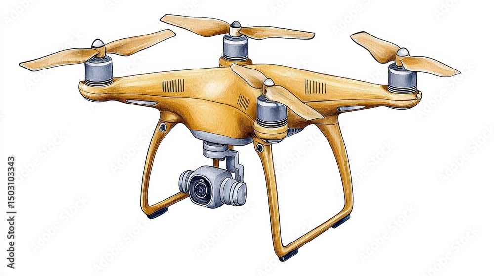 Gold Drone with Four Propellers and Camera on White Background Gold Drone with Four Propellers and Camera on White Background