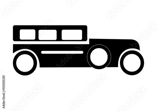 Minimalist black and white vector icon of a limousine or classic car, suitable for logos or graphics.