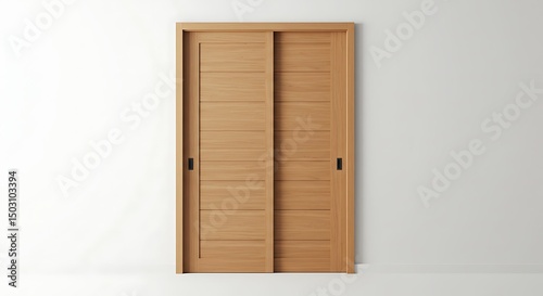 Wooden sliding door against white wall