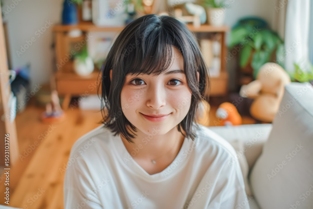 Young Asian Woman in a Bright Modern Apartment Shares Everyday Moments, Blending Natural Light and Simple Joy for Lifestyle and Home-Focused Visual Content. Young Asian Woman in a Bright Modern Apartment Shares Everyday Moments, Blending Natural Light and Simple Joy for Lifestyle and Home-Focused Visual Content.