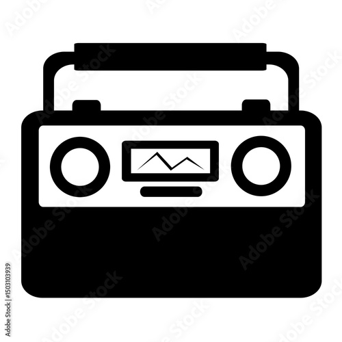 Black silhouette of a vintage portable radio with dials. Retro electronic device icon with a nostalgic vibe.