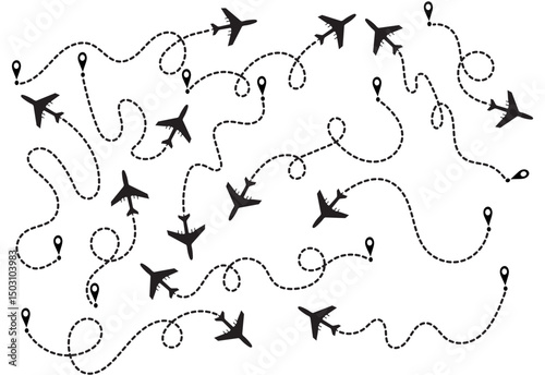 Airplane Flight Path Vector Background – Dotted Travel Route Icons