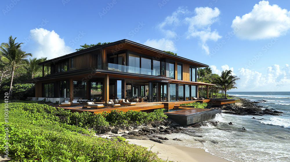 Obraz premium Luxurious oceanfront house with modern architecture and stunning views of beach
