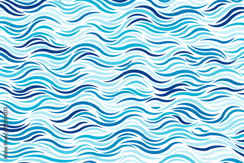 Abstract pattern of wavy lines in varying shades of teal blue on white background, creating a sense of dynamic flowing water or ocean, used for background, textile, and other decorative application.
