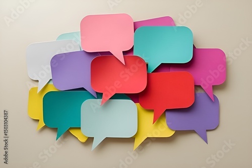 Colorful Paper Speech Bubbles Stack on Beige Background – Minimal Flat Lay Design