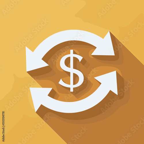 Dollar sign with circular arrows on yellow background, the concept of currency exchange