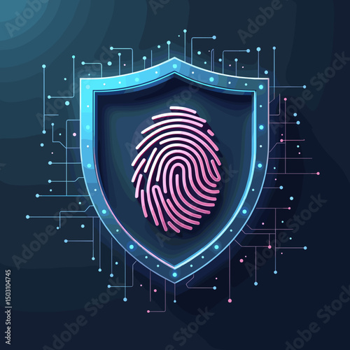 Fingerprint icon on shield, cyber security concept