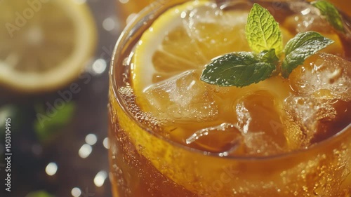 Sparkling iced tea with lemon slice and mint leaves on ice cubes
