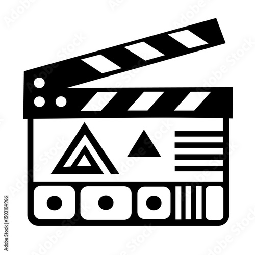 Black and white clapperboard icon with geometric elements. Modern and stylized symbol for filmmaking and media production.
