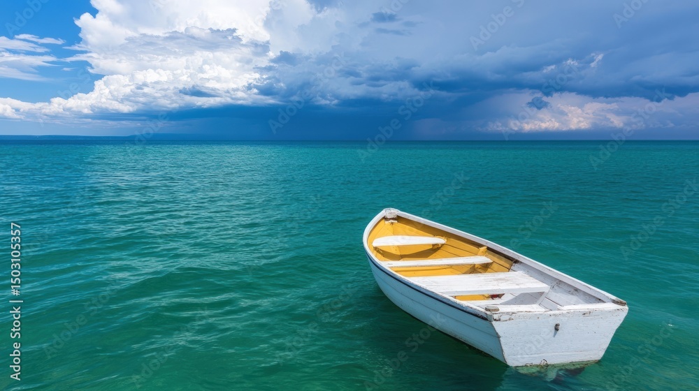 Fototapeta premium Small boat on calm sea under a cloudy sky tranquil marine landscape