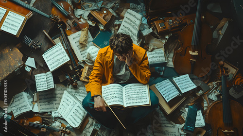 Composer's Block: A musician sits dejected amidst a chaotic symphony of instruments and sheet music, grappling with creative burnout.