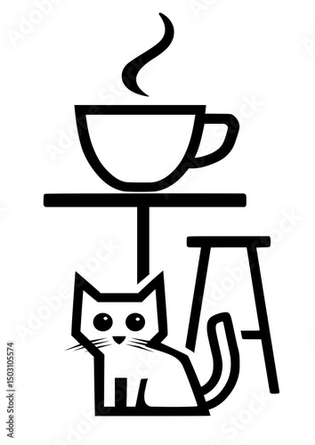 Simple black line art showing a coffee cup on a table with a cat underneath. Cozy and minimalist illustration evoking comfort and home atmosphere.