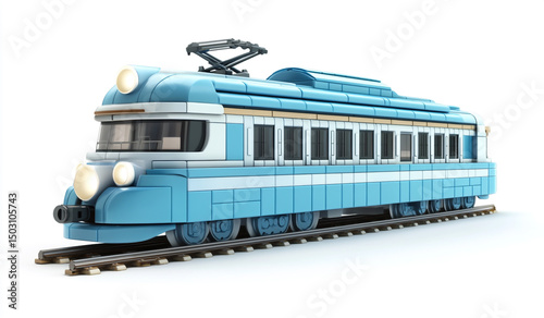 3D render of a modern train, with a blue and white color scheme, on the track in side view, isolated against a white background