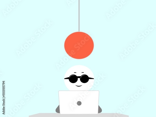 Minimalist illustration of a person sitting at a table with a laptop, under a red ceiling lamp. Flat and modern design with a light pastel background.