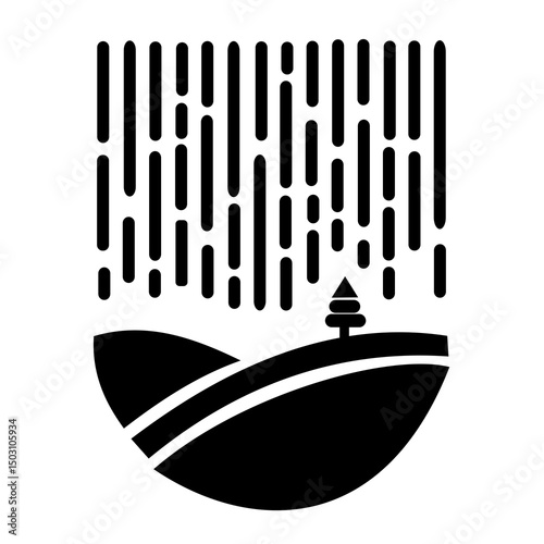 Minimal black and white landscape with abstract rain lines and curved terrain. Clean vector design evoking a stylized rainy day.