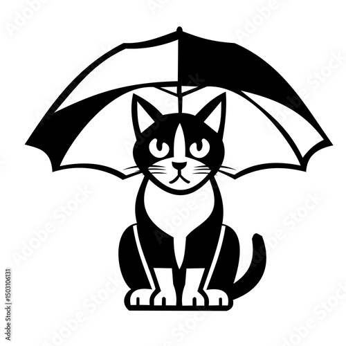 Black and white stylized cat sitting under an open umbrella. Clean vector artwork representing shelter, protection, or rainy days.