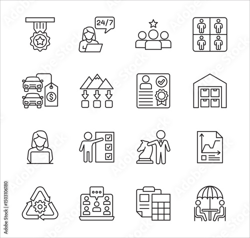 Business company Icon set. Management icon set. Contains symbol of teamwork, data, asset, stock, resource, employee, businessman, target, finance, holiday, meeting, education. Vector illustration