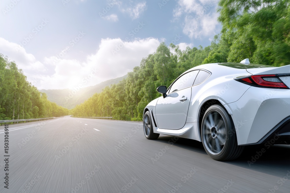 Naklejka premium White Sports Car: Serene Drive Through Lush Green Landscape